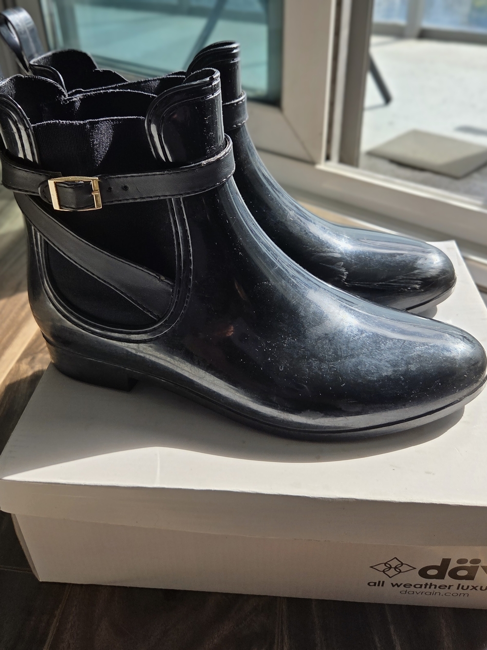 Black Women's Ankle Rain Booties with Gold Buckle Accent
